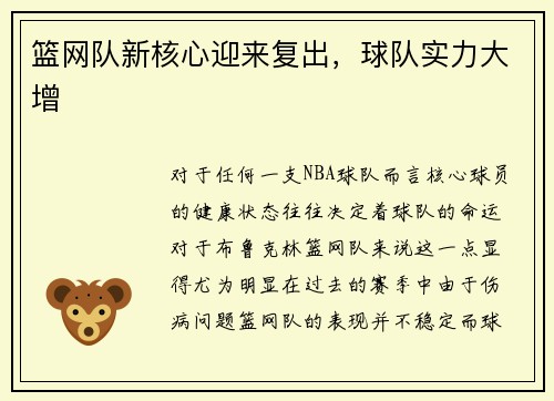 篮网队新核心迎来复出，球队实力大增
